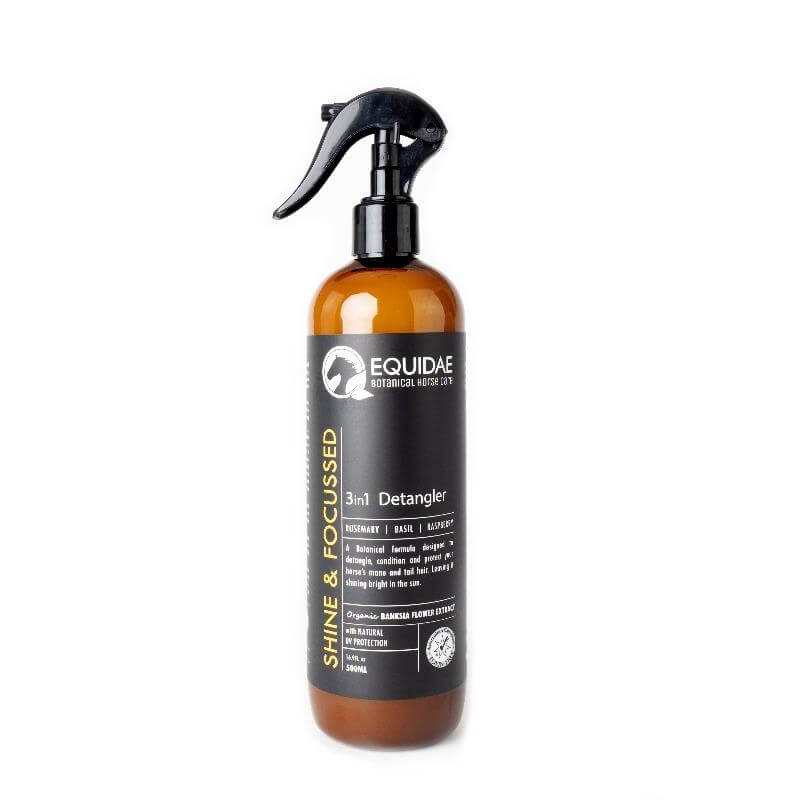 Large spray bottle of Equidae Shine and Focussed horse mane and tail detangler