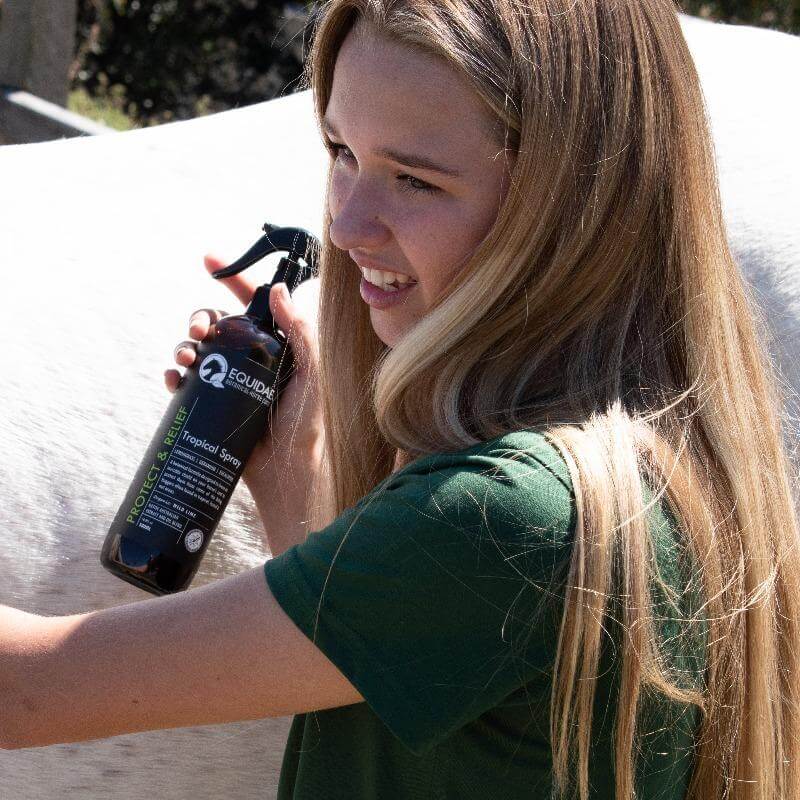 Young rider spraying horse mosquito repellent onto horse in Australian paddock