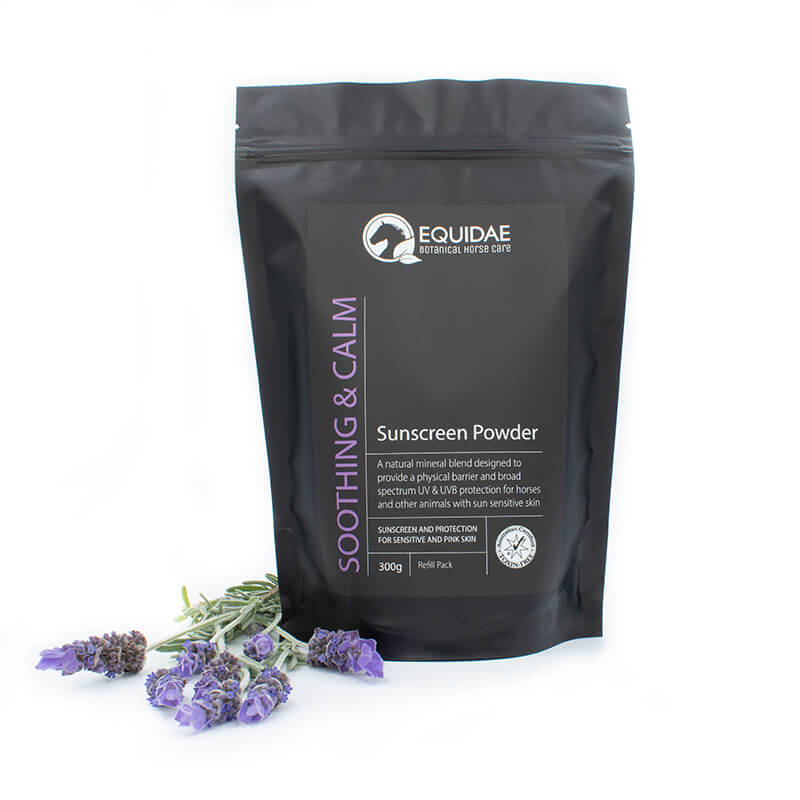 large bag of the best natural sunscreen for horses being rubbed onto skin of horse sunburnt nose