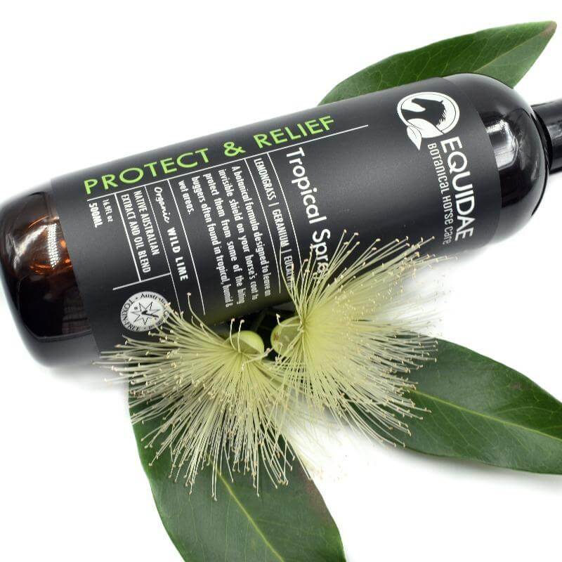 Ingredients for horse mosquito repellent spray bottle on table in Australia