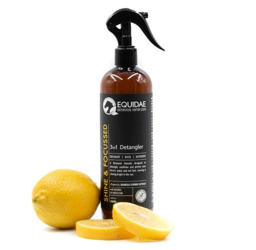 Bottle of Shine and Focussed 3in1 horse detangler spray with ingredients on table