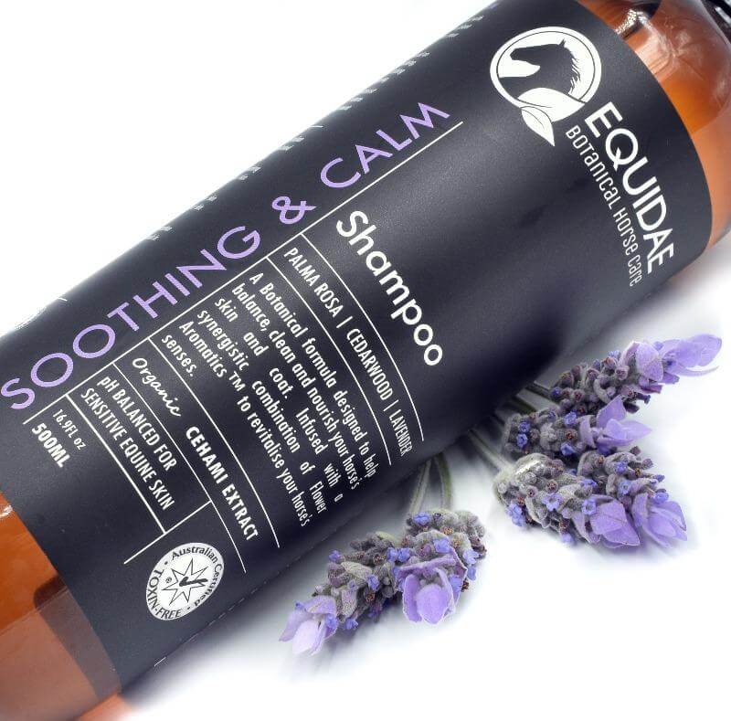 Bottle of Soothing and Calm horse shampoo for sensitive skin inside equine shop in Australia